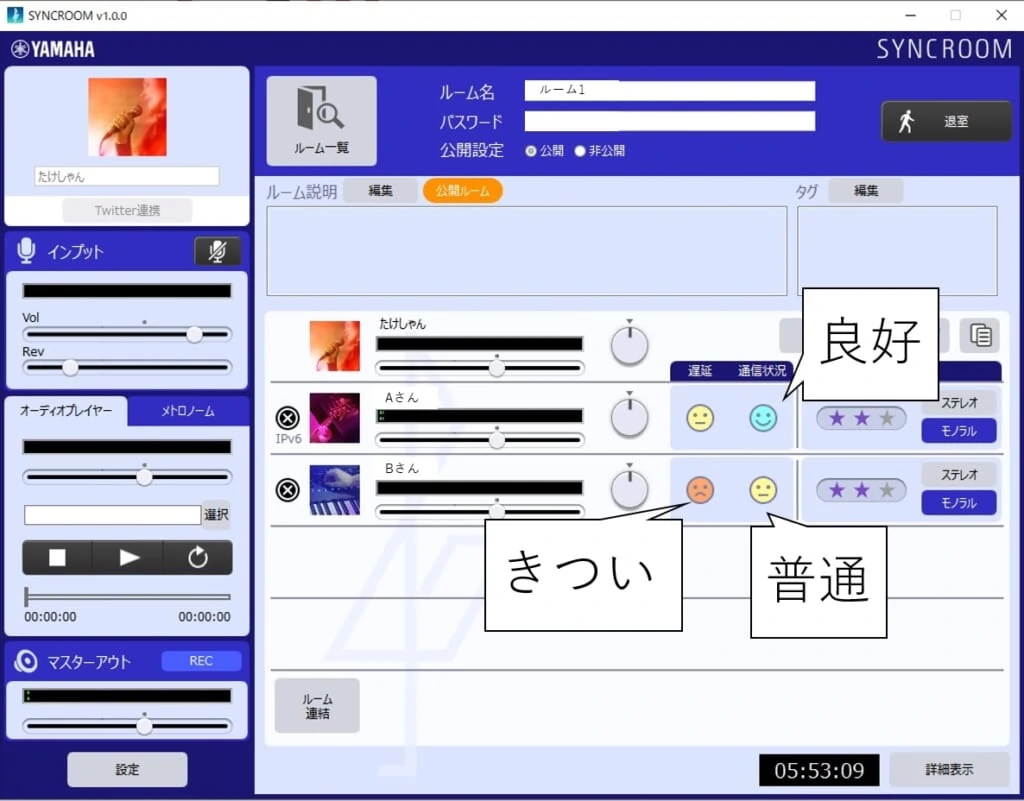 syncroomの通信状況と表情