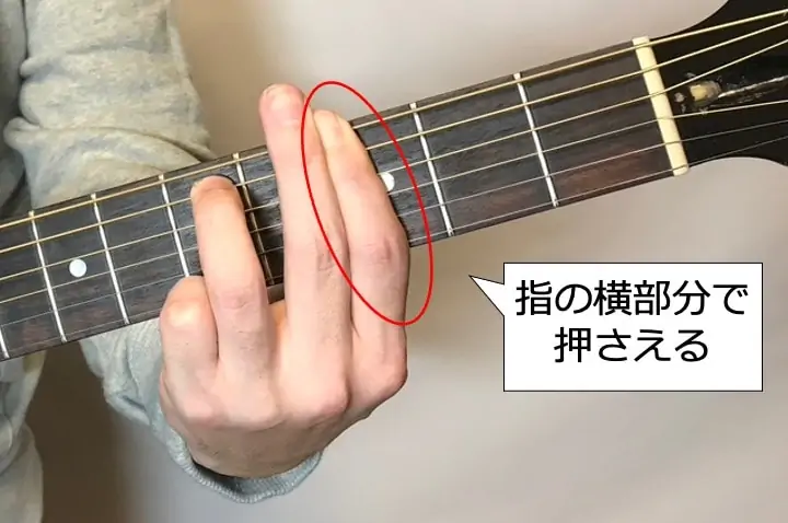 ギターでGm7コードを押さえるときは人差し指の横部分で押さえるようにするとキレイに鳴る