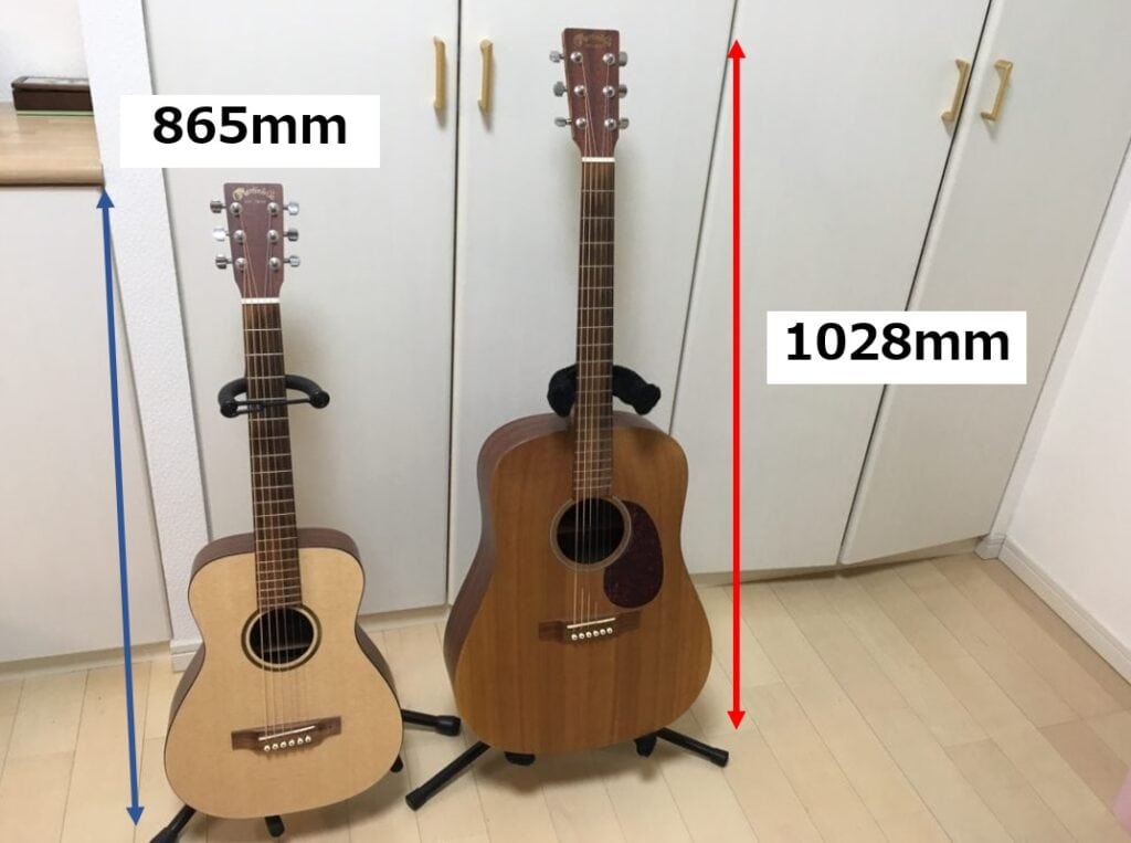 ミニギターとドレッドノートの全長を比較した画像