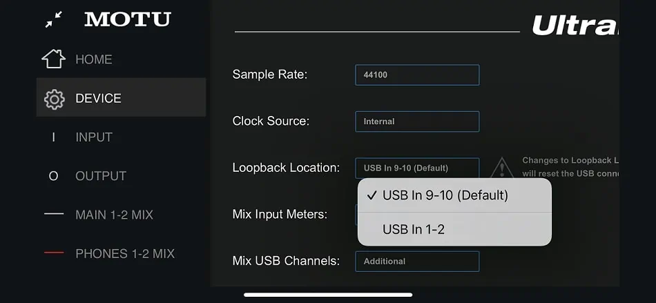 iOS版CueMix 5。ループバックロケーションを変更
