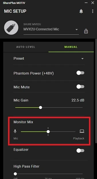 SHURE MVX2U 専用アプリのSHUREPLUS MOTIVの画面。MONITOR MIX機能でPhone端子の音量バランスを調整できる