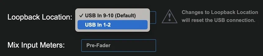 CueMix 5でMOTU 828のループバック設定を変更する画面