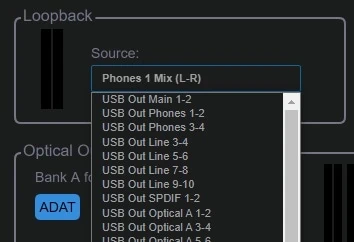 CueMix 5でMOTU 828のループバックソースを選択する画面